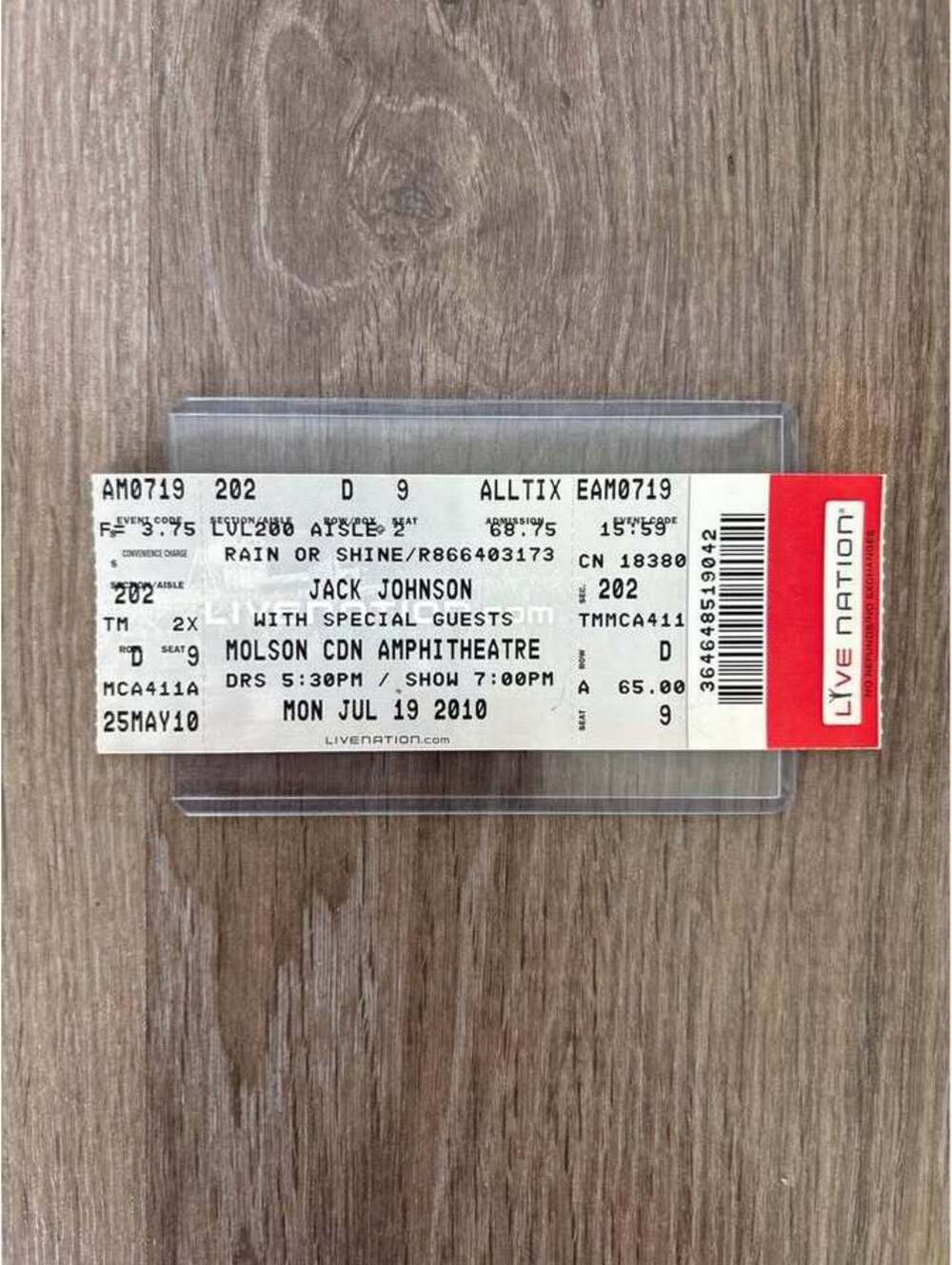 Jack Johnson Molson amphitheatre ticket stub July 19 2010